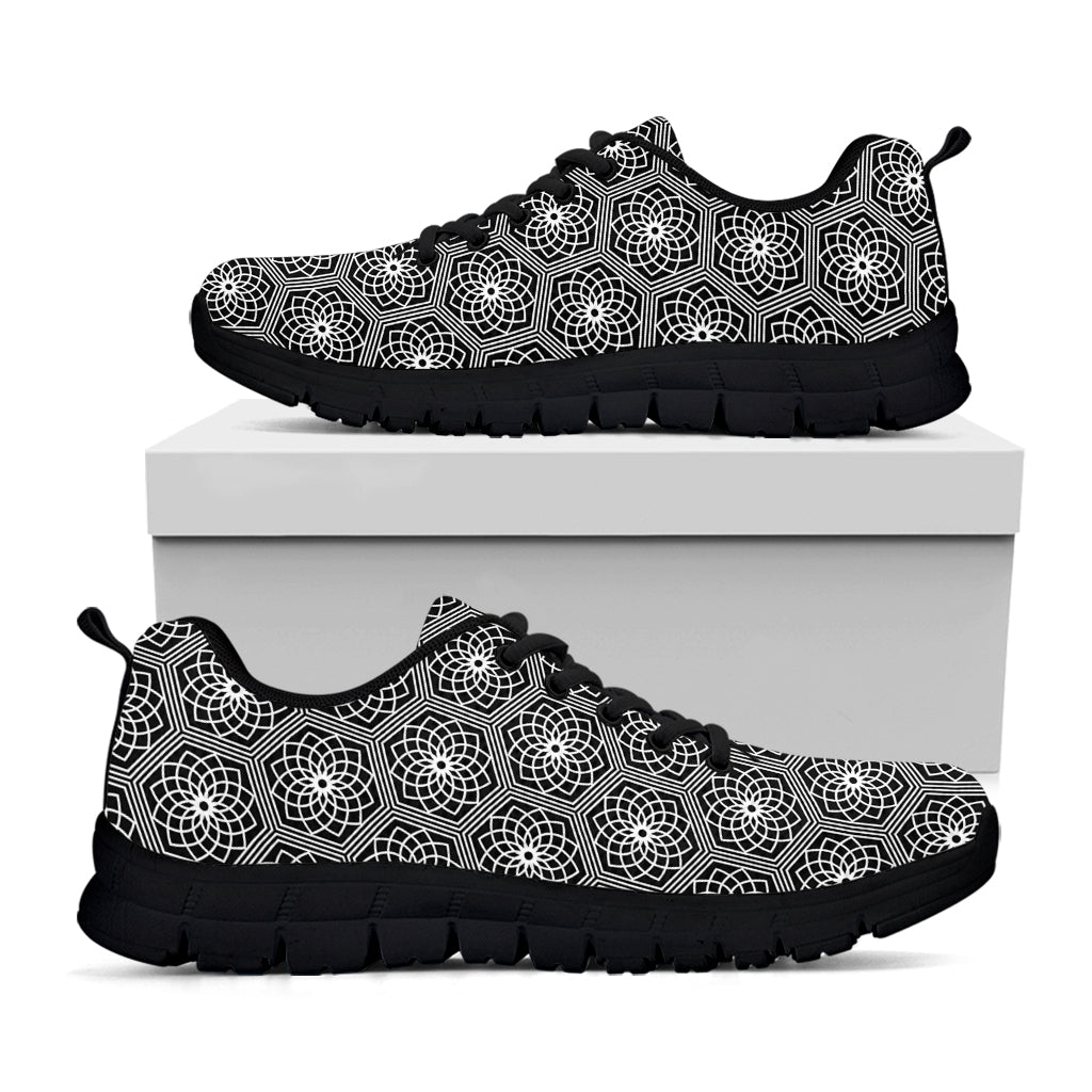 White And Black Lotus Pattern Print Black Running Shoes