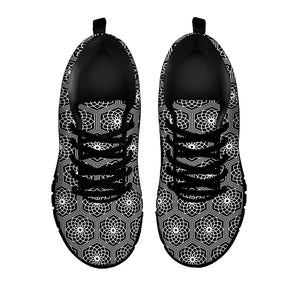 White And Black Lotus Pattern Print Black Running Shoes