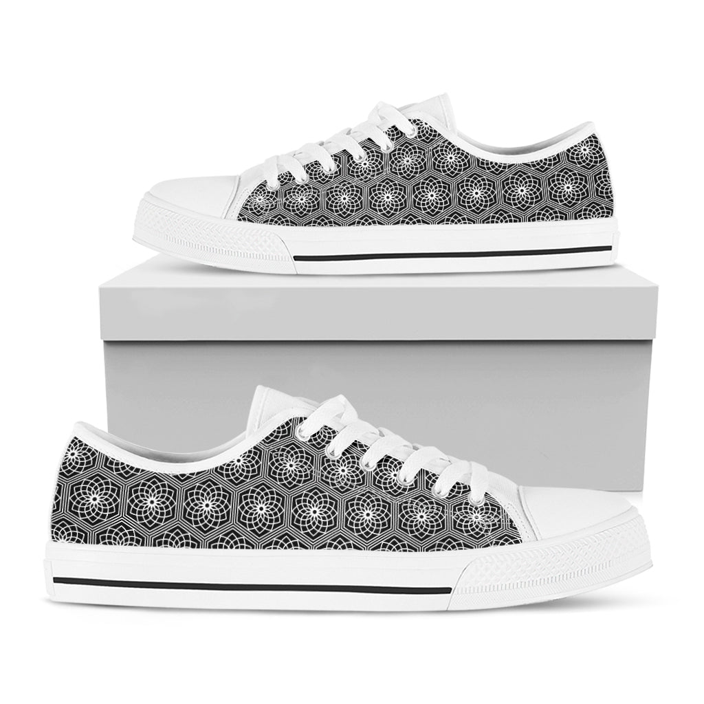 White And Black Lotus Pattern Print White Low Top Sneakers