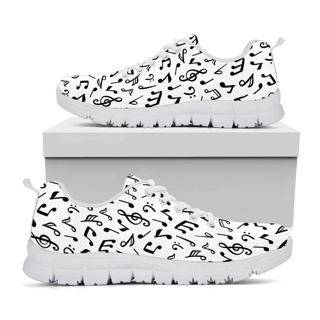 White And Black Music Note Pattern Print White Running Shoes