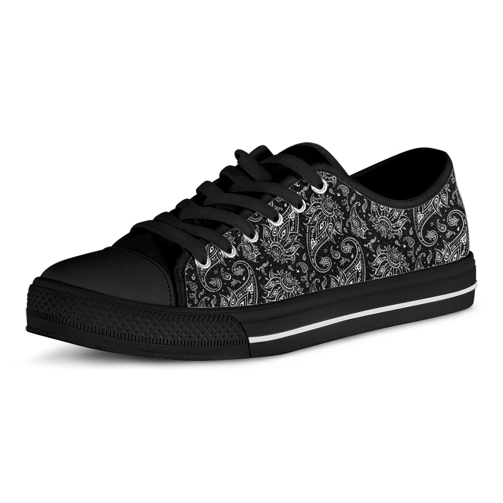 White And Black Paisley Pattern Print Black Low Top Sneakers