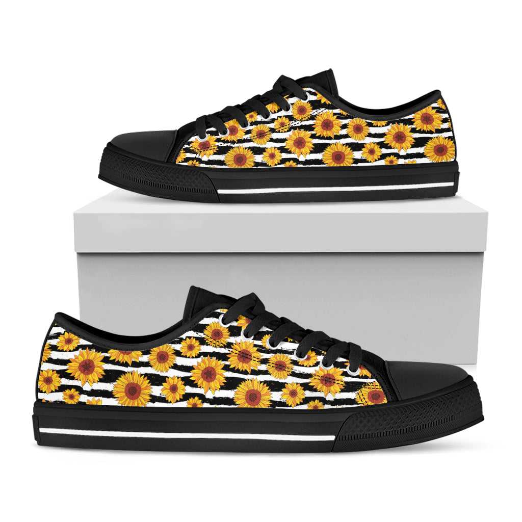 White And Black Stripe Sunflower Print Black Low Top Sneakers