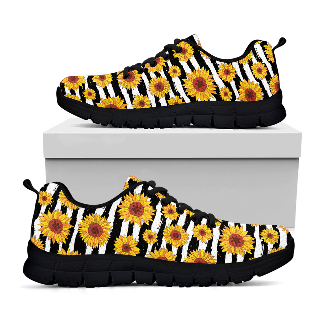 White And Black Stripe Sunflower Print Black Running Shoes