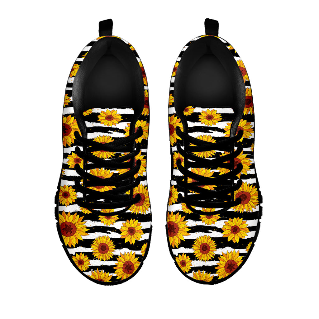 White And Black Stripe Sunflower Print Black Running Shoes