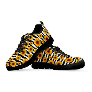 White And Black Stripe Sunflower Print Black Running Shoes