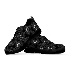 White And Black Sunflower Pattern Print Black Running Shoes