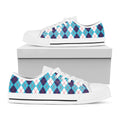 White And Blue Argyle Pattern Print White Low Top Sneakers