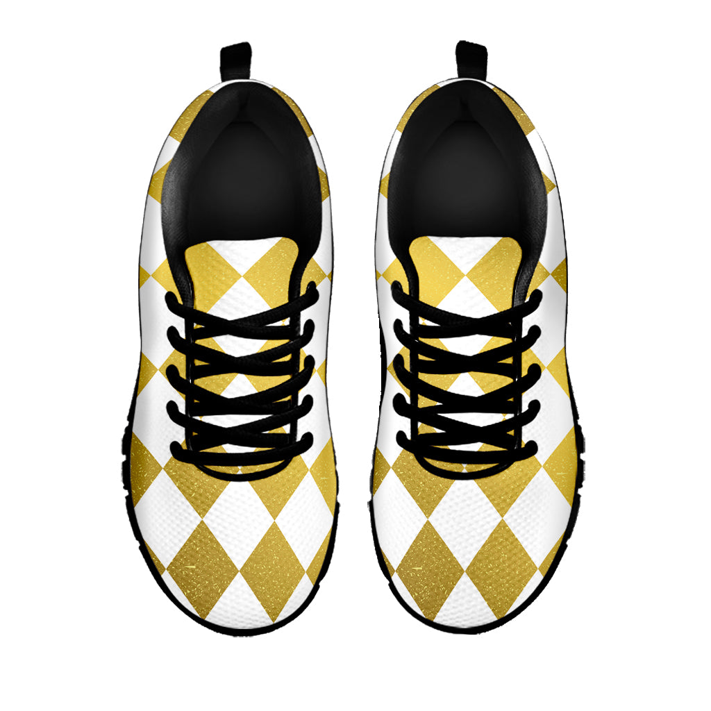 White And Gold Harlequin Pattern Print Black Running Shoes