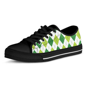 White And Green Argyle Pattern Print Black Low Top Sneakers