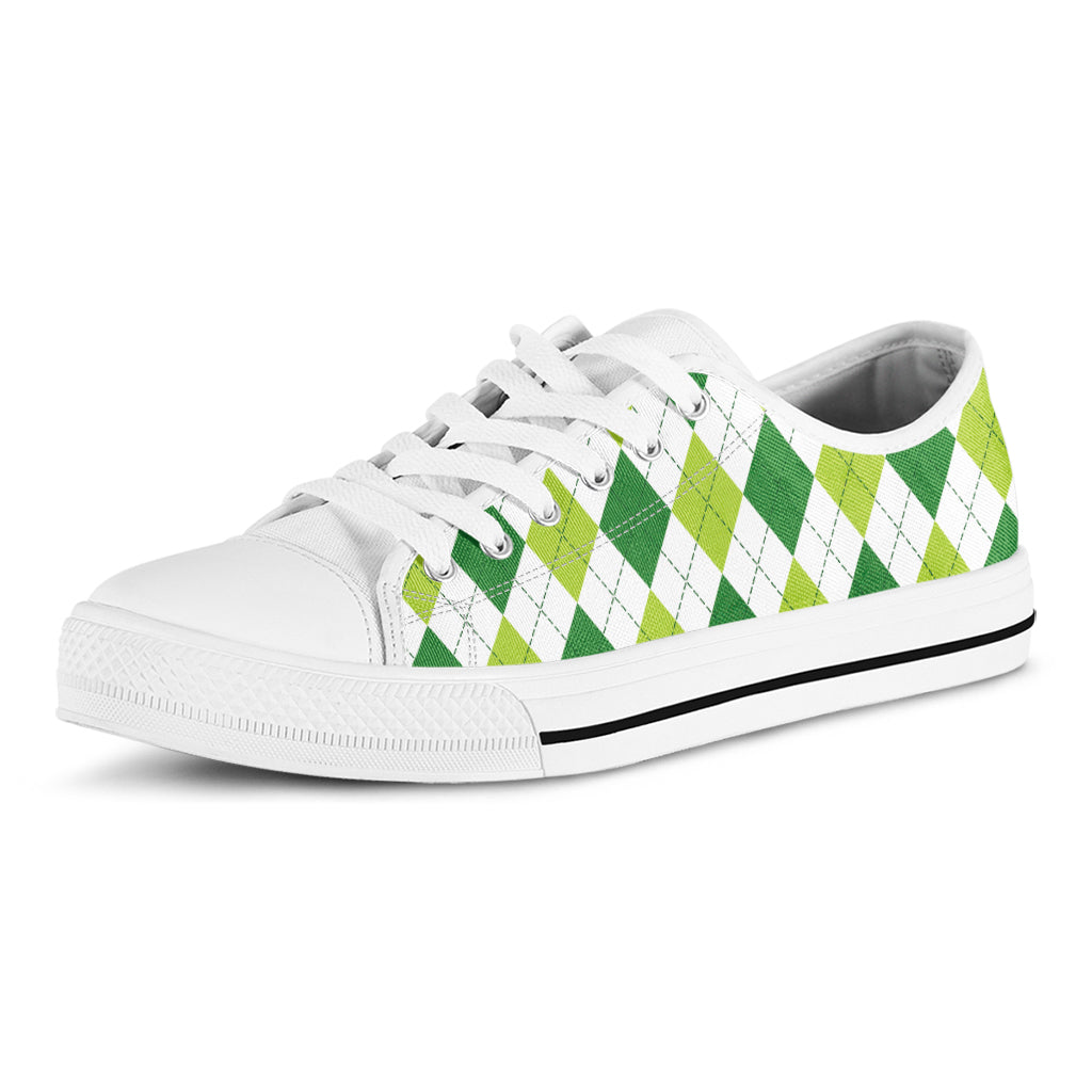 White And Green Argyle Pattern Print White Low Top Sneakers