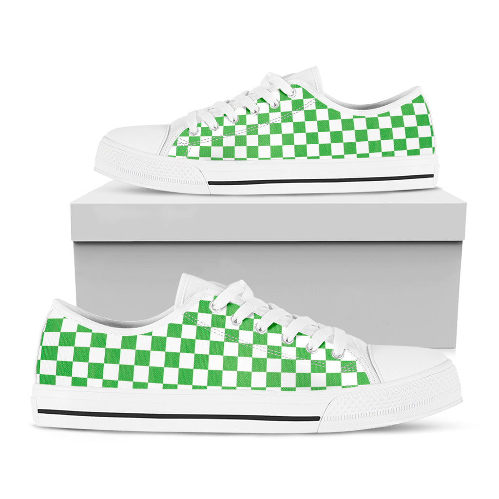 White And Green Checkered Print White Low Top Sneakers