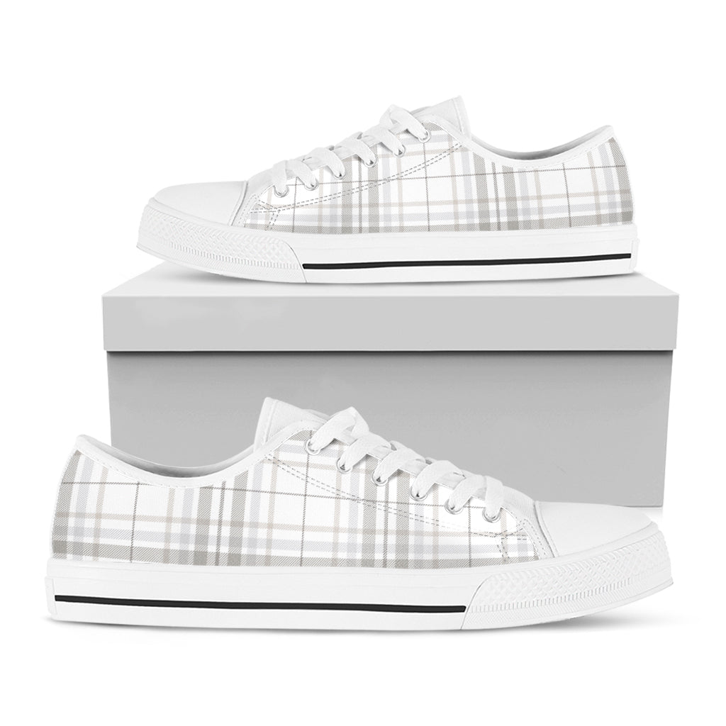 White And Grey Plaid Pattern Print White Low Top Sneakers