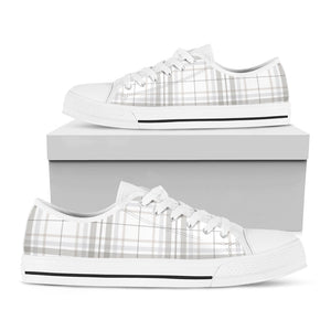 White And Grey Plaid Pattern Print White Low Top Sneakers