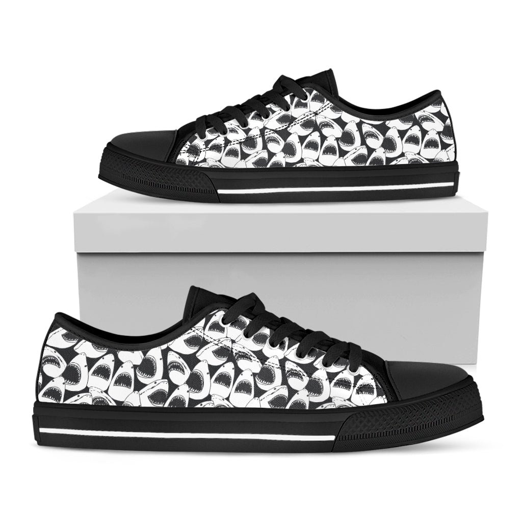 White And Grey Shark Pattern Print Black Low Top Sneakers