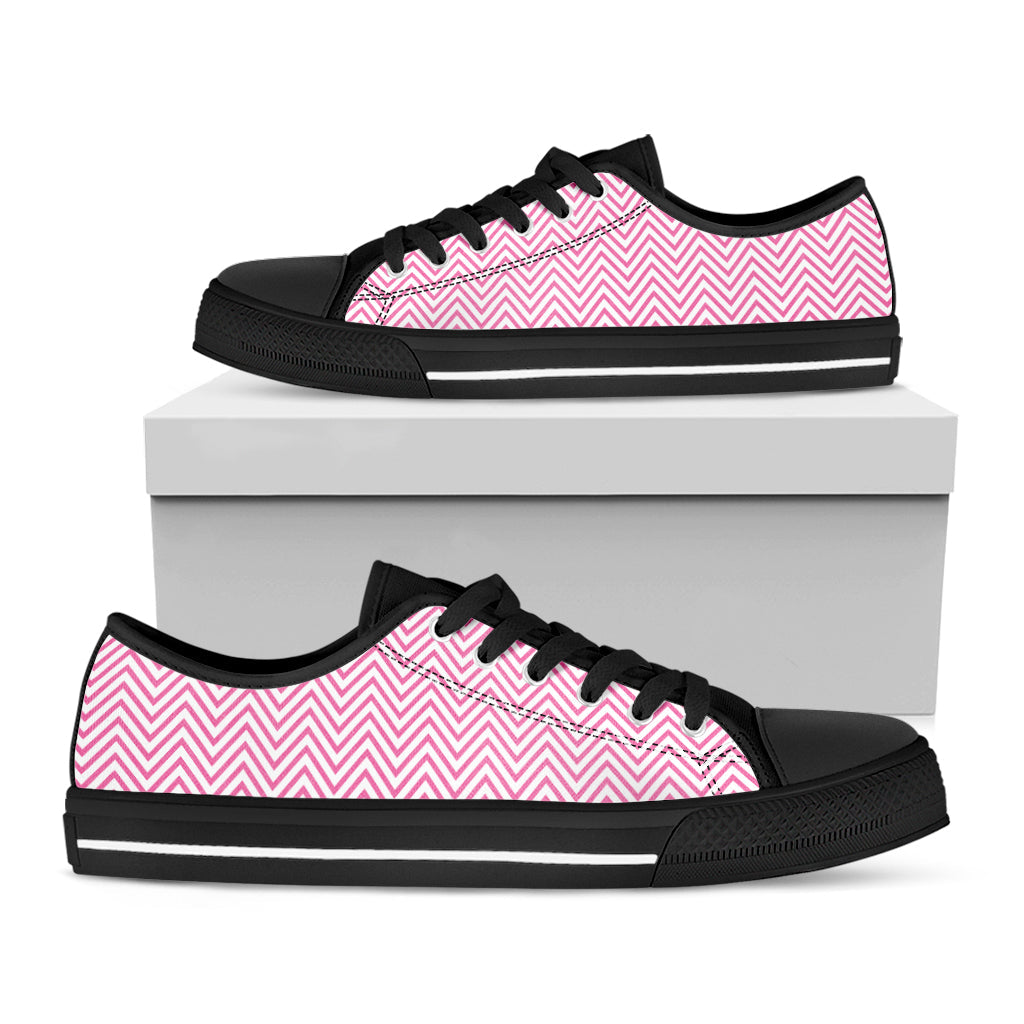 White And Pink Zigzag Pattern Print Black Low Top Sneakers