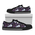 White And Purple Tulip Pattern Print Black Low Top Sneakers