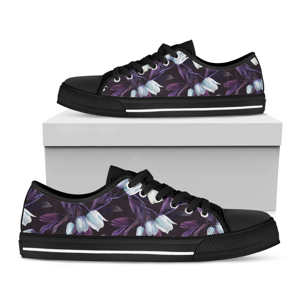 White And Purple Tulip Pattern Print Black Low Top Sneakers