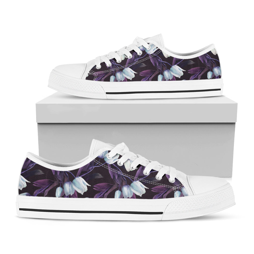 White And Purple Tulip Pattern Print White Low Top Sneakers