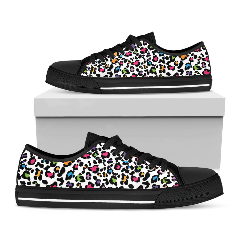 White And Rainbow Leopard Print Black Low Top Sneakers