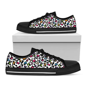 White And Rainbow Leopard Print Black Low Top Sneakers