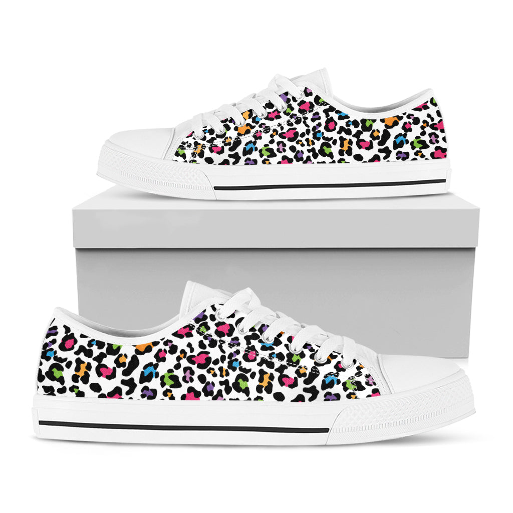 White And Rainbow Leopard Print White Low Top Sneakers