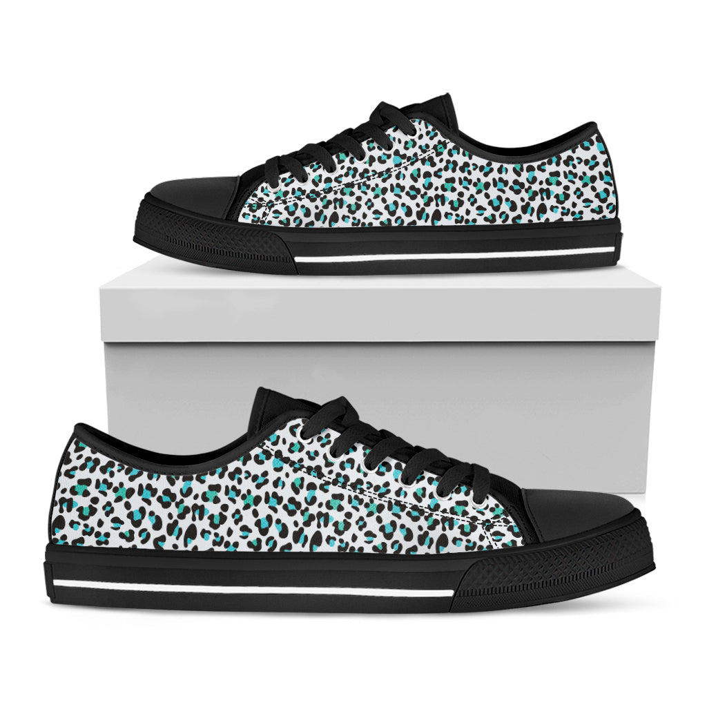 White And Teal Leopard Print Black Low Top Sneakers