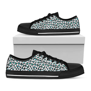 White And Teal Leopard Print Black Low Top Sneakers