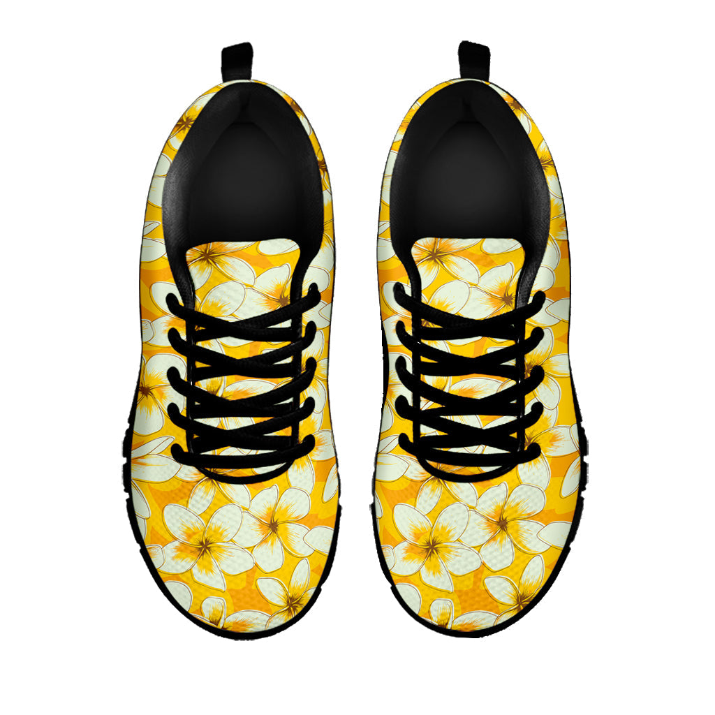 White And Yellow Plumeria Pattern Print Black Running Shoes