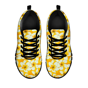 White And Yellow Plumeria Pattern Print Black Running Shoes