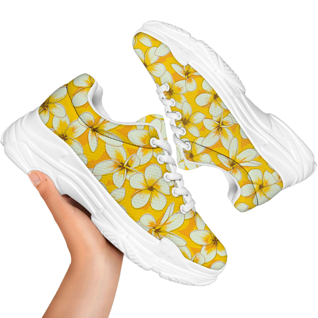 White And Yellow Plumeria Pattern Print White Chunky Shoes