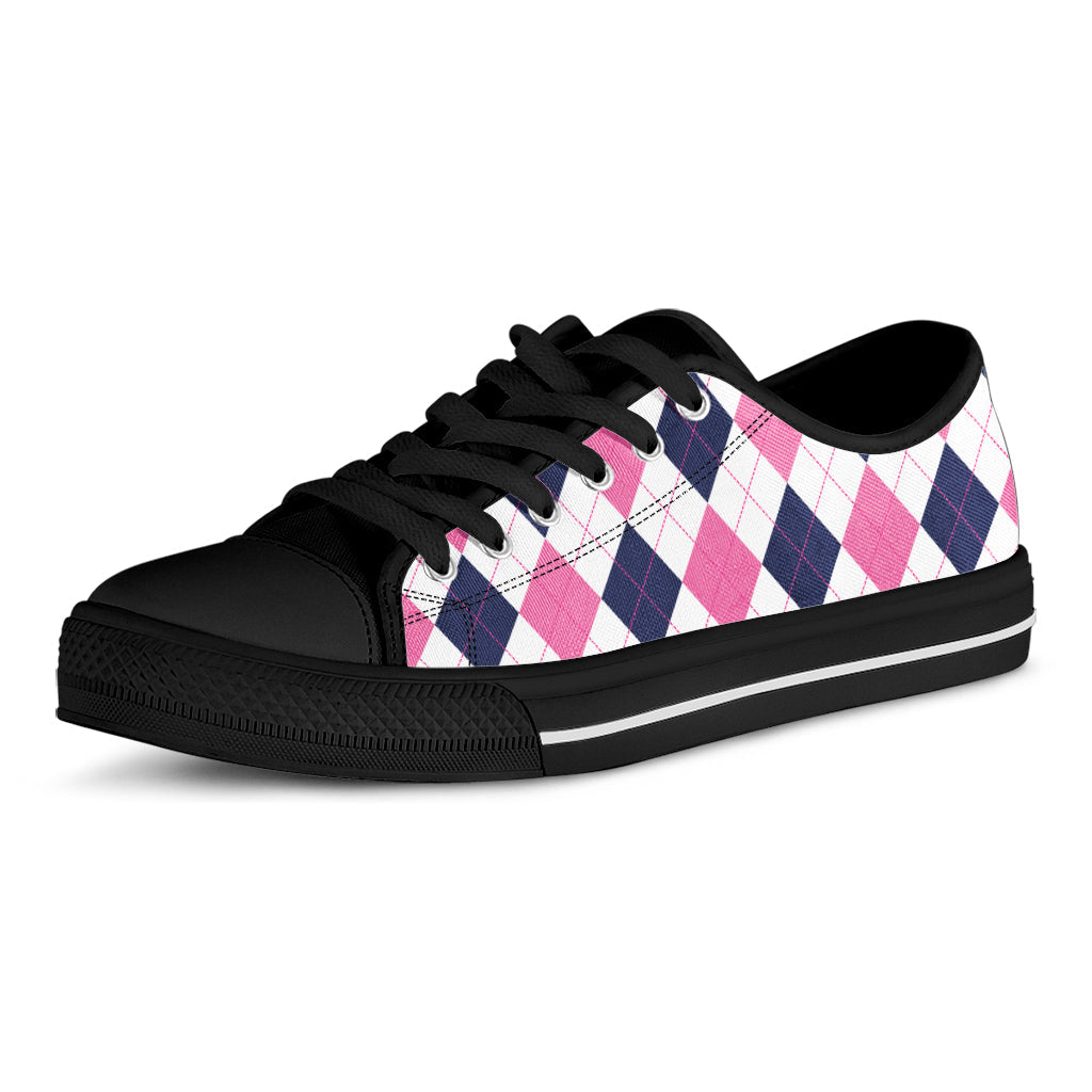 White Blue And Pink Argyle Pattern Print Black Low Top Sneakers