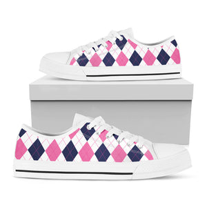 White Blue And Pink Argyle Pattern Print White Low Top Sneakers