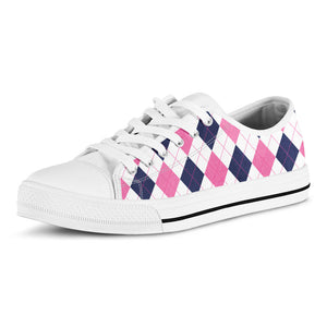 White Blue And Pink Argyle Pattern Print White Low Top Sneakers