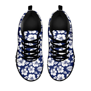 White Blue Hibiscus Floral Pattern Print Black Running Shoes