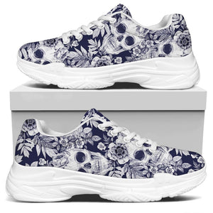 White Blue Skull Floral Pattern Print White Chunky Shoes