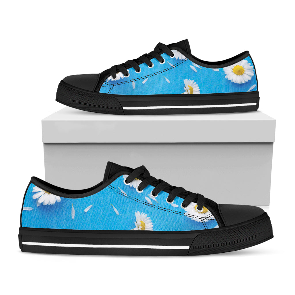 White Daisy Flower Print Black Low Top Sneakers
