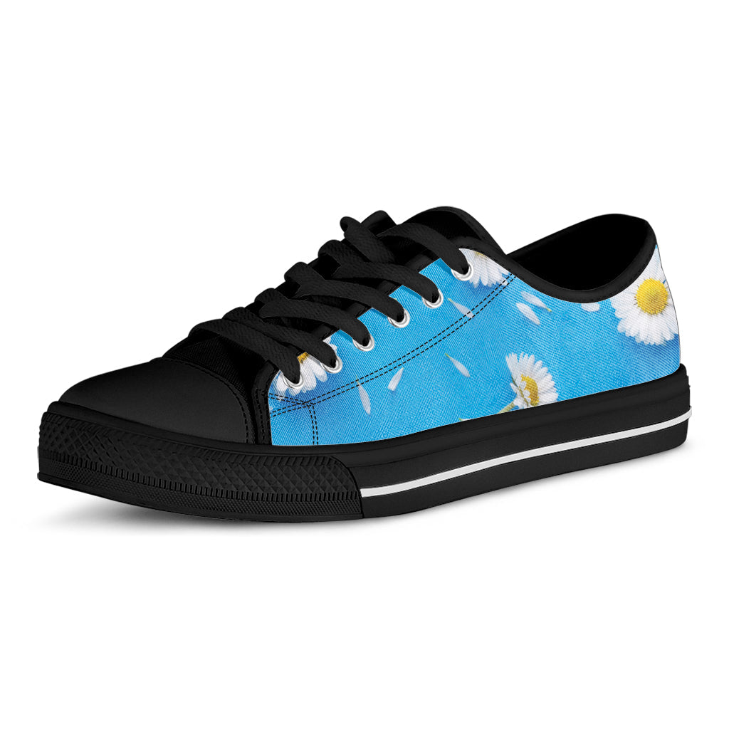 White Daisy Flower Print Black Low Top Sneakers
