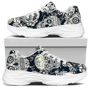 White Floral Sugar Skull Pattern Print White Chunky Shoes