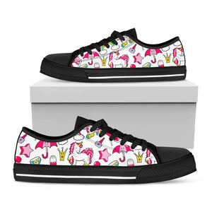 White Girly Unicorn Pattern Print Black Low Top Sneakers
