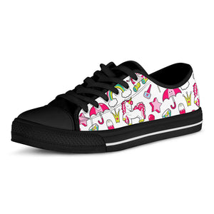 White Girly Unicorn Pattern Print Black Low Top Sneakers