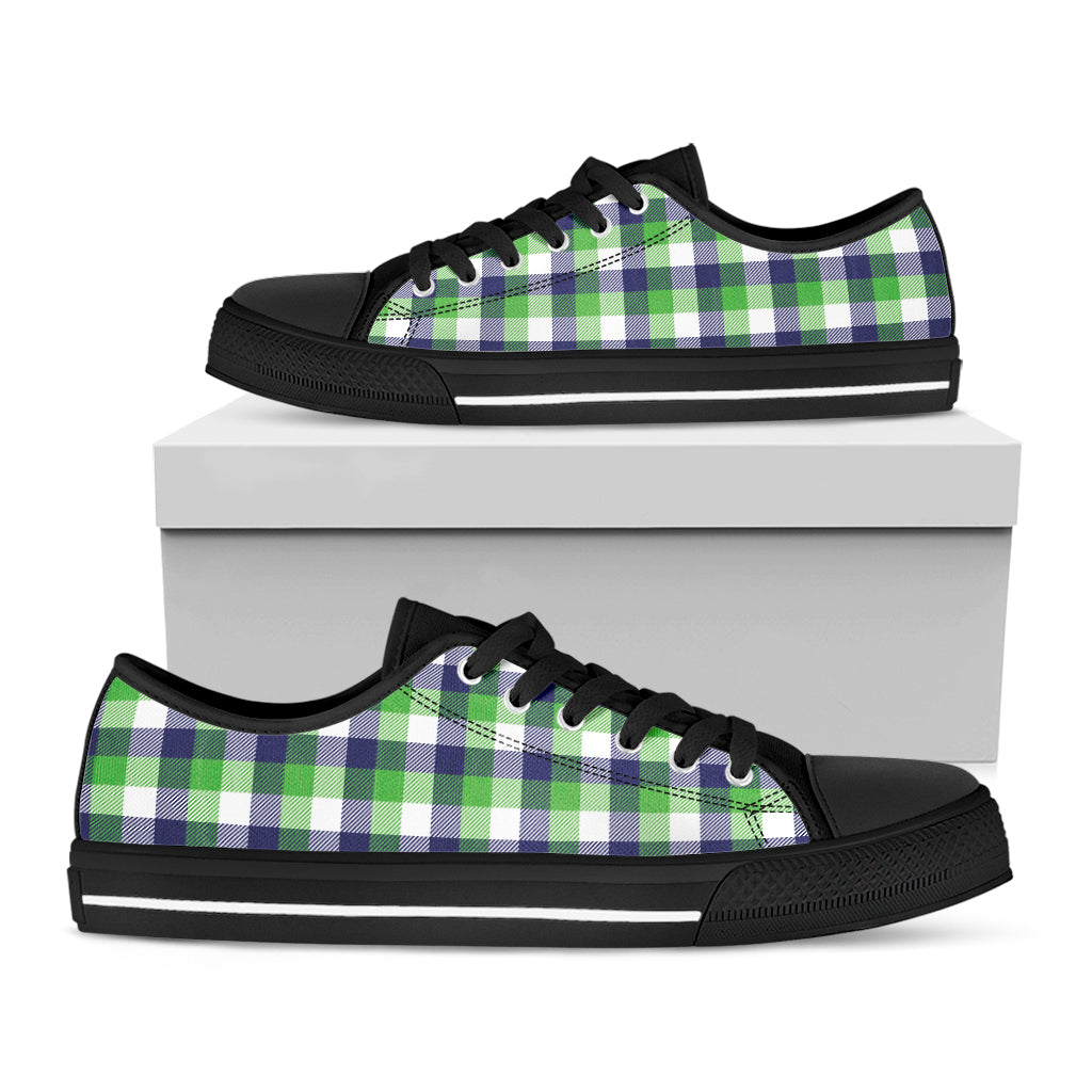White Green And Blue Buffalo Plaid Print Black Low Top Sneakers