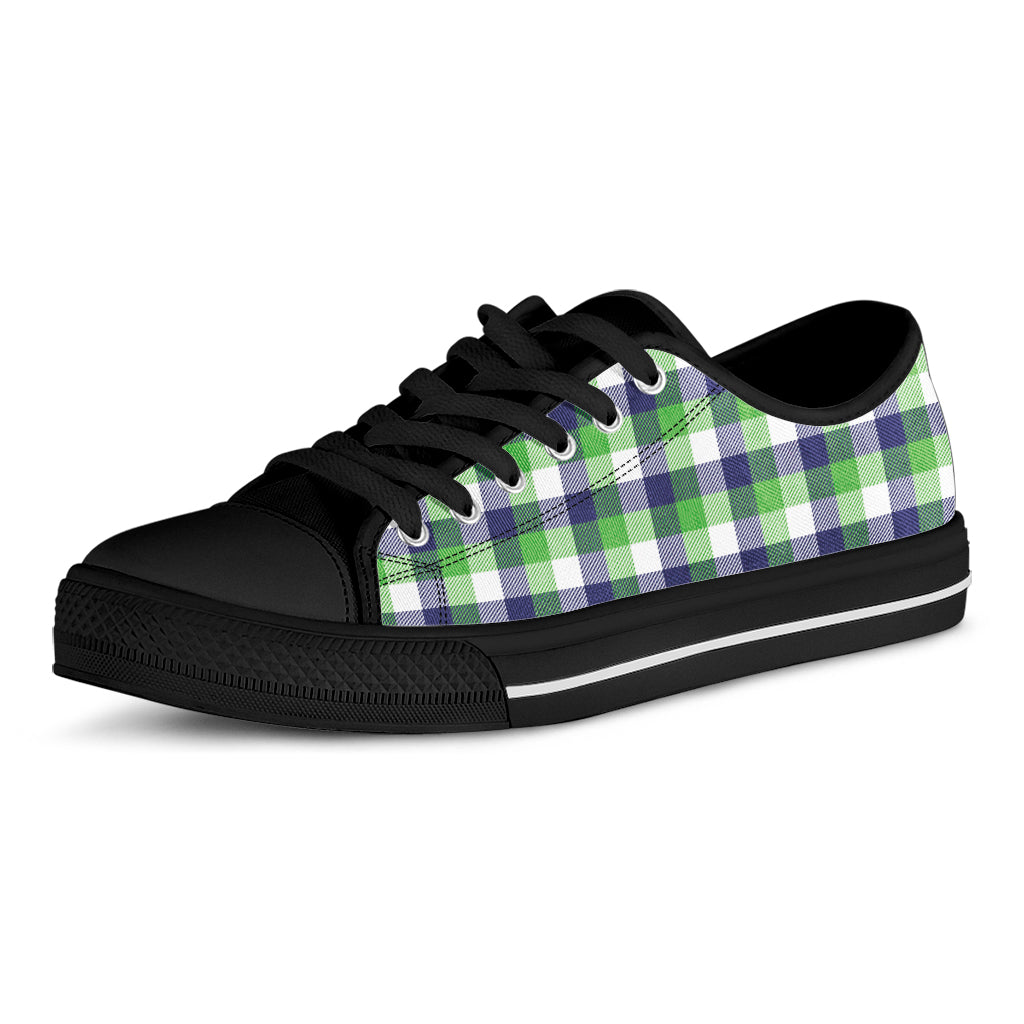White Green And Blue Buffalo Plaid Print Black Low Top Sneakers