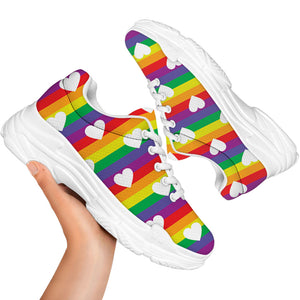 White Heart On LGBT Pride Striped Print White Chunky Shoes