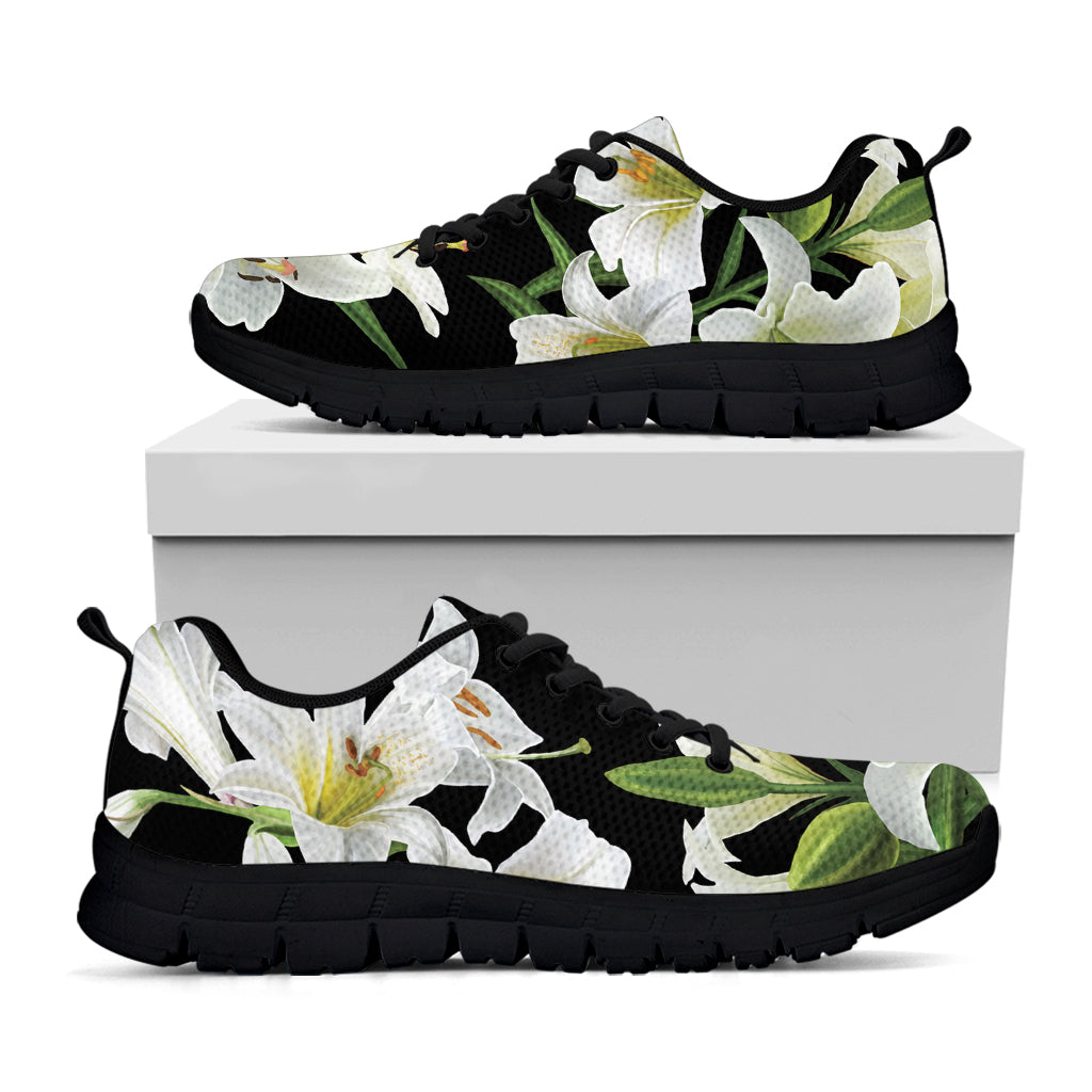 White Lily Print Black Running Shoes