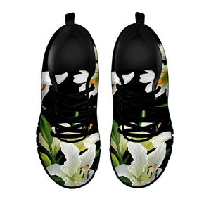 White Lily Print Black Running Shoes
