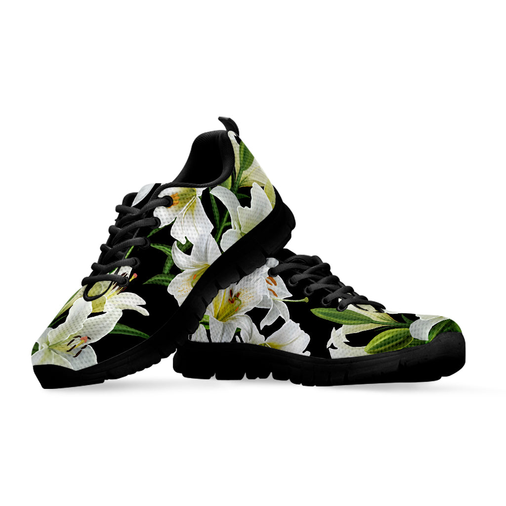 White Lily Print Black Running Shoes