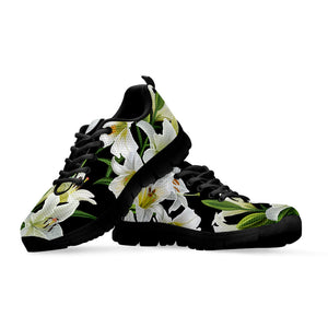 White Lily Print Black Running Shoes