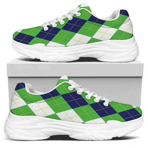 White Navy And Green Argyle Print White Chunky Shoes