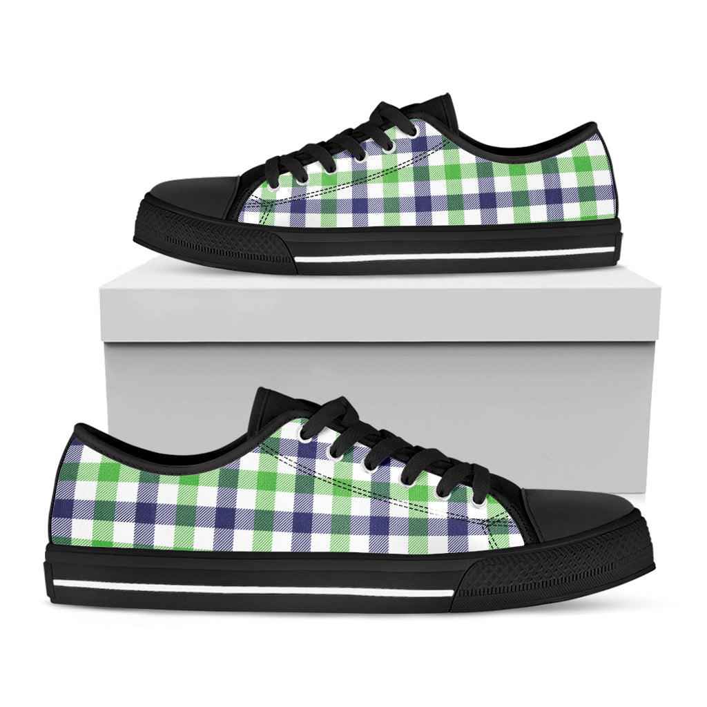 White Navy And Green Plaid Print Black Low Top Sneakers