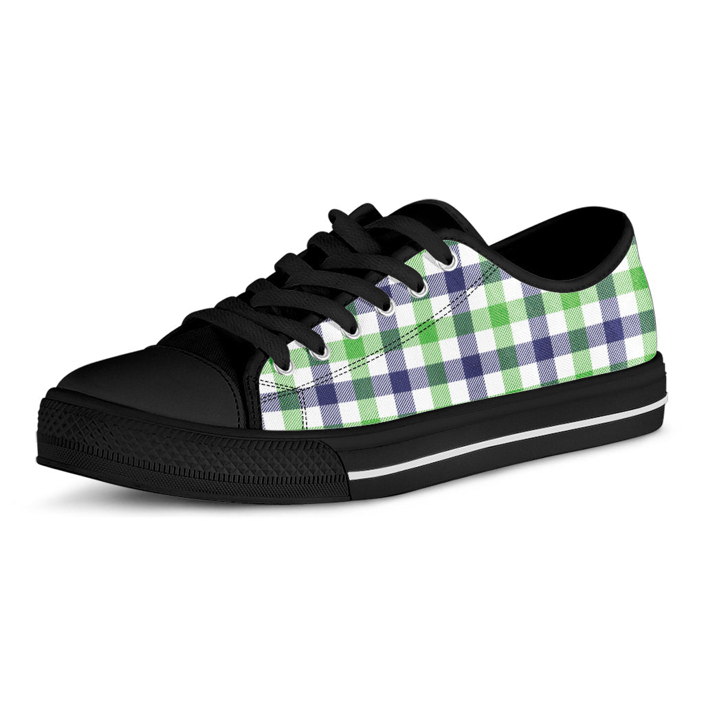 White Navy And Green Plaid Print Black Low Top Sneakers
